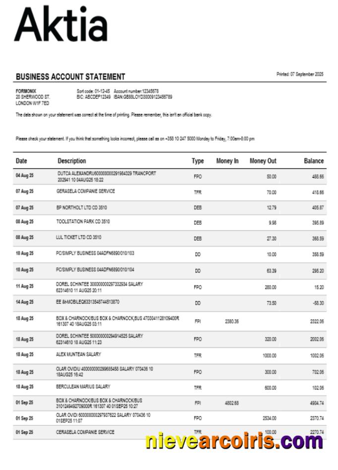 Aktia Bank business firm account statement Word snd PDF format